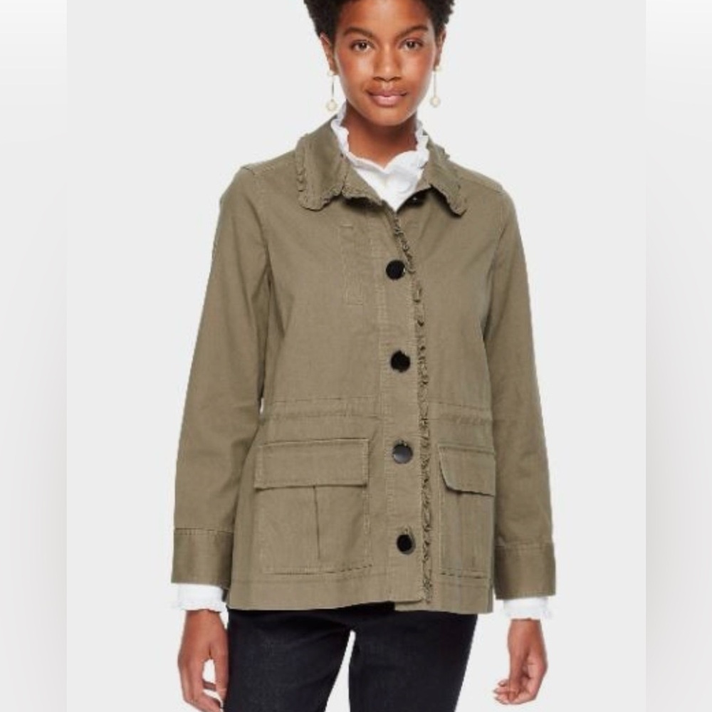 Kate Spade Broome Street Ruffle Military Jacket with a black velvet bow.